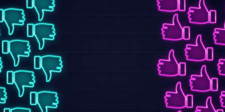 oup Of Thumb Up and Thumb's Down Symbol Drawn by Pink and Turquoise Neon Lighting on Black brick Textured Wall. Neonic like and Dislike Sign Concept. Copy Spaceの写真素材