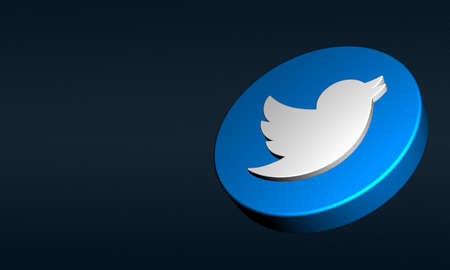 3D Rendering Twitter Button in Dark background. Three-dimensional Bird Flying logo Style with Copy space Social Media 3D Visualization Motion Picture.のeditorial素材
