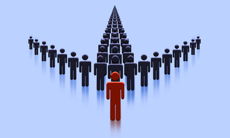 Leader of Business Team Concept. Crowd of people made and Arrow with unique Headman. Business Leadership and Teamwork Goalの写真素材