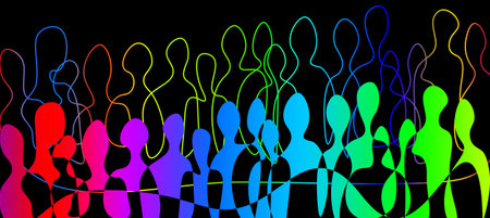 Group of People Connected Abstract. Creative Concept Idea of Diversity, Social group and Communication. Linear Colorful silhouettesの写真素材