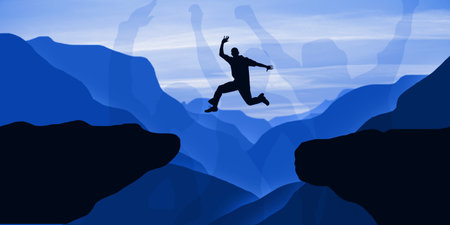 Vector silhouette of a man who jumps over a cliff. Vector background.の写真素材
