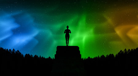 Aurora borealis and a silhouette of a person on top of a rockの写真素材