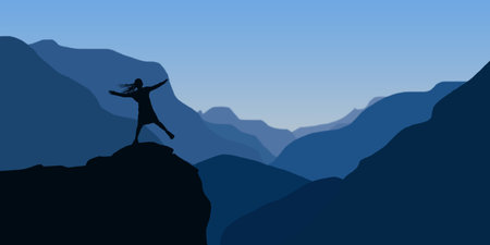 Silhouette of a man on top of a mountain. Vector illustrationの写真素材