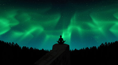 Man meditating on top of a rock in the northern lights.の写真素材