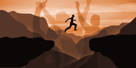 Silhouette of a man jumping over a cliff. Vector illustration.の写真素材