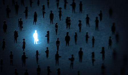 Large Crowd of people with one Business Bright Man Standing out of crowd. Talented and Brilliant Person in a population. Leadership and uniqueness Creative Conceptの写真素材