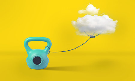 Metaphor, Business Struggle and Challenge Concept. Heavy weight Holding Back a Cloud From Floating. Surrealism Scene. Freedom and Difficultyの写真素材