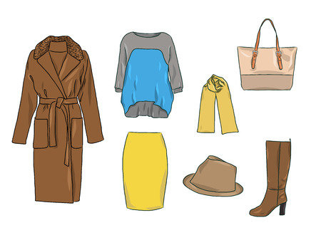 Vector stylish fashion set of woman s autumn, spring or winter clothes and accessories. Casual colorful outfit with jumper, skirt, coat, hat, bag, scarf and boots.のイラスト素材