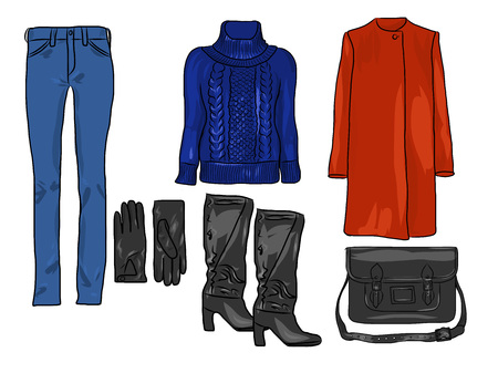 Vector stylish fashion set of woman autumn, spring or winter clothes and accessories. Casual colorful outfit with sweater, trousers, coat, gloves, bag and boots.のイラスト素材