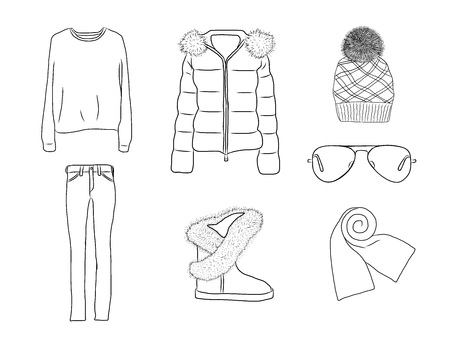 Vector stylish fashion set of woman autumn, spring or winter clothes and accessories. Casual black and white outfit with jacket, jumper, cap, glases, scarf, jeans and boot. EPS10のイラスト素材