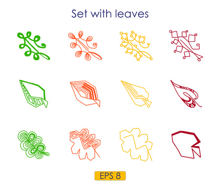 Art sketching set of vector leaves symbols, different interesting contours of tree leaves, logo, icon, colourful silhouette, vector illustration, EPS 8のイラスト素材