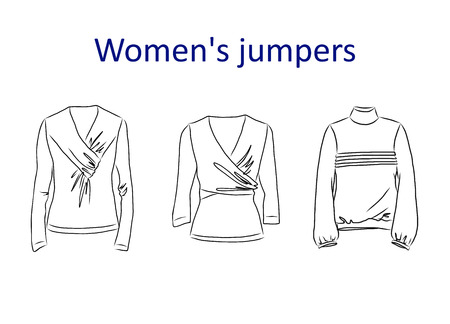 Hand drawn set with women clothes. Vector illustration for backgrounds, textile prints, web and graphic design, logo, poster, banner, for designers and constructors of clothes, line art. EPS 8のイラスト素材