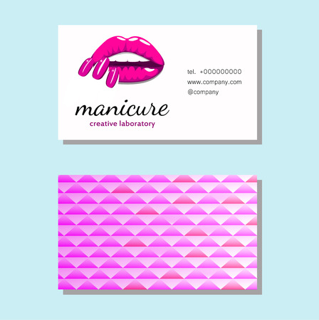 Business card with Beautiful girl lips with bright pink manicure nails. Beauty Business card, banner, poster. Vector illustrationのイラスト素材