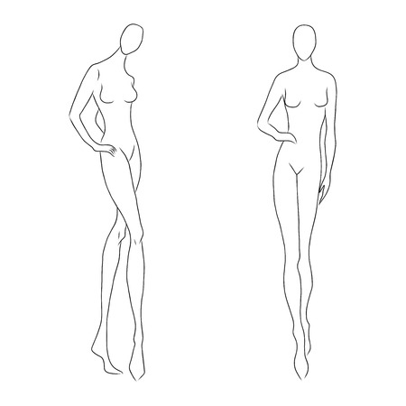 Womens figure sketch. Different poses. Template for drawing for designers of clothes nd constructors. Vector outline girl model template for fashion sketching. Fashion illustration.のイラスト素材