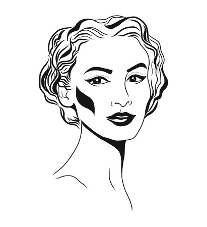 Young woman face, fashion sketch, black and white linear face drawing. Vector illustration, poster, banner.のイラスト素材
