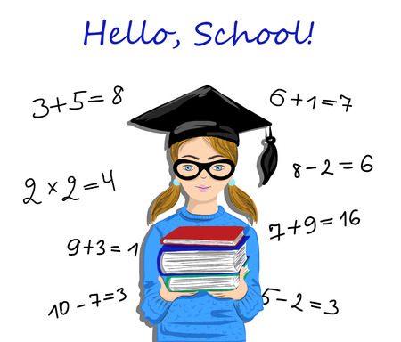 Hello school inspirational quote written on school blackboard. Pupil, student girl staying next to blackboard vector illustrationのイラスト素材