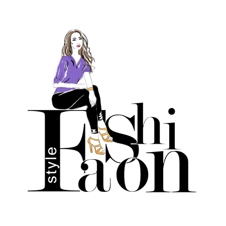 Beautiful young woman sitting on a letter Fashion style. Fashion girl, Stylish woman. Sketch. Vector illustration. EPS 10のイラスト素材