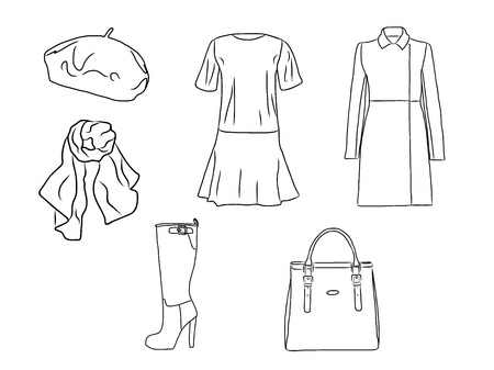 Vector stylish fashion set of woman autumn, spring or winter clothes and accessories. Casual silhouette outfit with dress, coat, beret, bag, scarf and boot. EPS8のイラスト素材