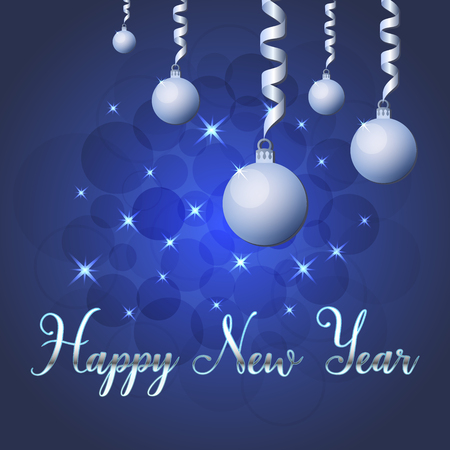Brilliant Vector illustration of Stars and sparkles on blue background, with Christmas decorations, balls, hand lettering happy new year, fond for winter holidays, greetings, banner, poster, postcard. EPS 10のイラスト素材