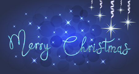 Brilliant Vector illustration of Stars and sparkles on blue background, with Christmas decorations, balls, hand lettering merry christmas, fond for winter holidays, greetings, banner, poster, postcard. EPS 10のイラスト素材