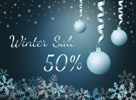 Elegant silver winter lettering design Winter sale 50% with shiny and bright snowflakes on blue background. Vector illustration EPS 10のイラスト素材