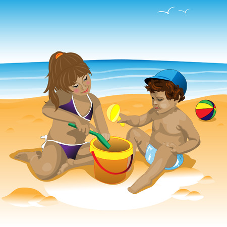Children's illustration on the beach with toysのイラスト素材