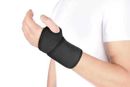 Elastic Wrist Bandage. Orthopedic medical Fitness Hand Bandage. Elastic Wrist Injury Support. Sport Protective Wristband. Wrist Positioning Orthosis. Wrist pain.の写真素材