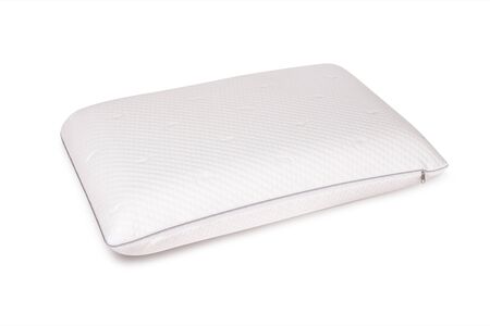 Orthopedic Pillow with a Memory Effect. Medical treatment pillow for sleep. Comfort Memory Pillow under the head with a recess under the shoulder isolated on white background. Sleeping support pillowの写真素材