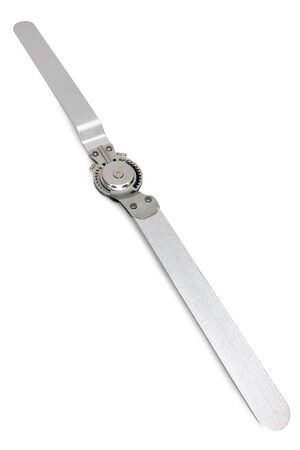 Adjustable angle chuck: extension angle 0-120 ?. Orthopedic knee brace stabilizer. Aluminum alloy bracket. Metal Hinge knee brace adjusting the angle of bend of the knee joint. Angle adjustment lock.の写真素材