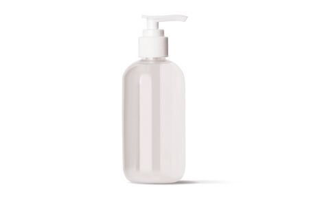 Hand antibacterial sanitizer dispenser pump. Cosmetic bottle with dispenser liquid container for gel, lotion, bath foam 3d illustration realistic mockup isolated on white background. Wash your handsの写真素材