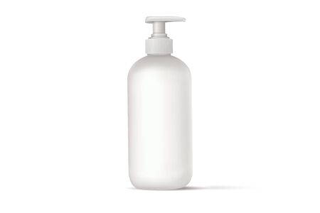 Hand antibacterial sanitizer dispenser pump. Cosmetic bottle with dispenser liquid container for gel, lotion, bath foam 3d illustration realistic mockup isolated on white background. Wash your handsの写真素材