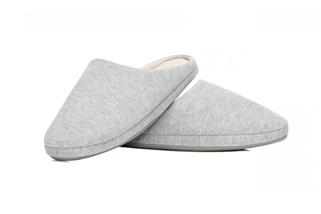 Pair of blank soft home slippers, design mockup. Hotel bath slippers top view isolated on white background. Clear warm domestic sandal or sneakers. Bed shoes accessory footwear. Sandals flip flopsの写真素材