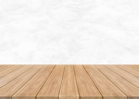 Empty wood table top and blur wall. Wall Texture Background. Building banner mock up abstract background - can used for display or montage your products.の写真素材