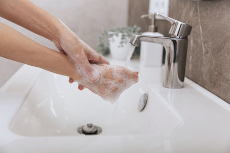 Washing hands under the flowing water tap. Hygiene concept hand detail.の写真素材