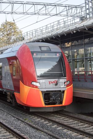 Moscow, Russia. 09-14-2019. Train on the Moscow Central Ring. The Russian electric train Lastochka...
