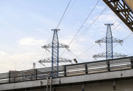 Moscow, Russia. Lines of electrical wires that are located near a road junction on the Moscow ring...