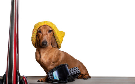 A dachshund in a yellow knitted ski hat poses next to red alpine skis and black ski goggles next to it. Photographing - isolate on a white background in the studio.の写真素材