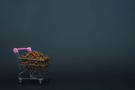 A small metal shopping trolley is filled with dog food in small dry pieces - isolate against a dark background. Close-up, side view.の写真素材