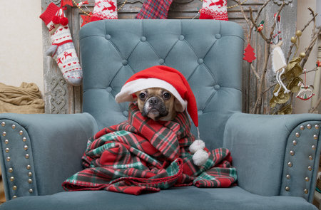 The bulldog dog sits in a chair among the Christmas interior, wearing a Santa Claus hat wrapped in a warm blanket.の写真素材