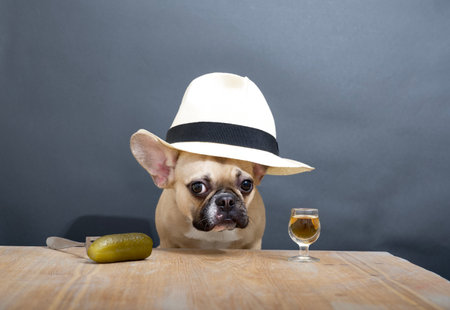 A bulldog dog sitting at a wooden table with a shot glass of alcohol and a pickle.の写真素材