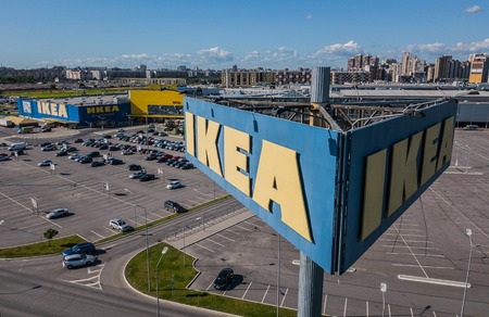 Russia, Saint-Petersburg, August 2017 - aerial view of Ikea signboardのeditorial素材
