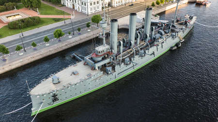 Aerial view of Cruiser Aurora in St. Petersburg