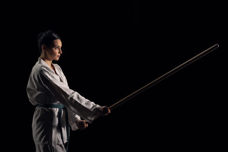 Woman in kimono with jodoの写真素材