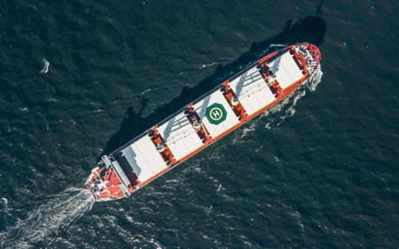 High angled view of general cargo ship in the sea