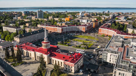 Russia, Petrozavodsk, June 2021 - Aerial view of Gagarin square and railway stationのeditorial素材