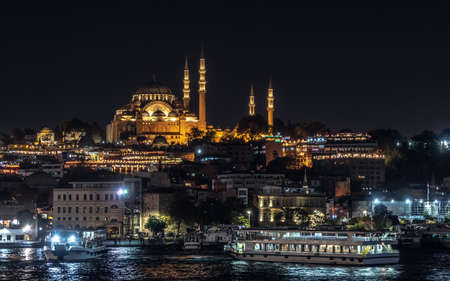 Side view of Suleymaniye Mosque in the night timeの写真素材