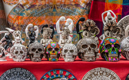 Mexico, Chichen Itza, February 2022 - Traditional souvenir products on the counter in Chichen Itza archaeological zoneのeditorial素材