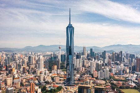 Malaysia, Kuala Lumpur, January 2023 - Aerial view of Warisan Merdeka Tower. It is one of the tallest buildings in the Worldのeditorial素材