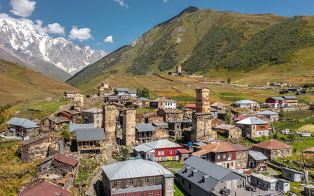 Aerial view of Ushguli villageの写真素材