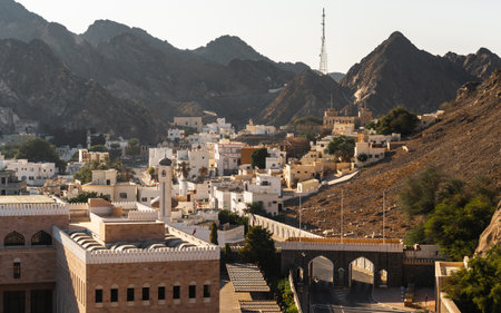 Historic district of Muscat with white houses, gate and rugged mountainsの写真素材